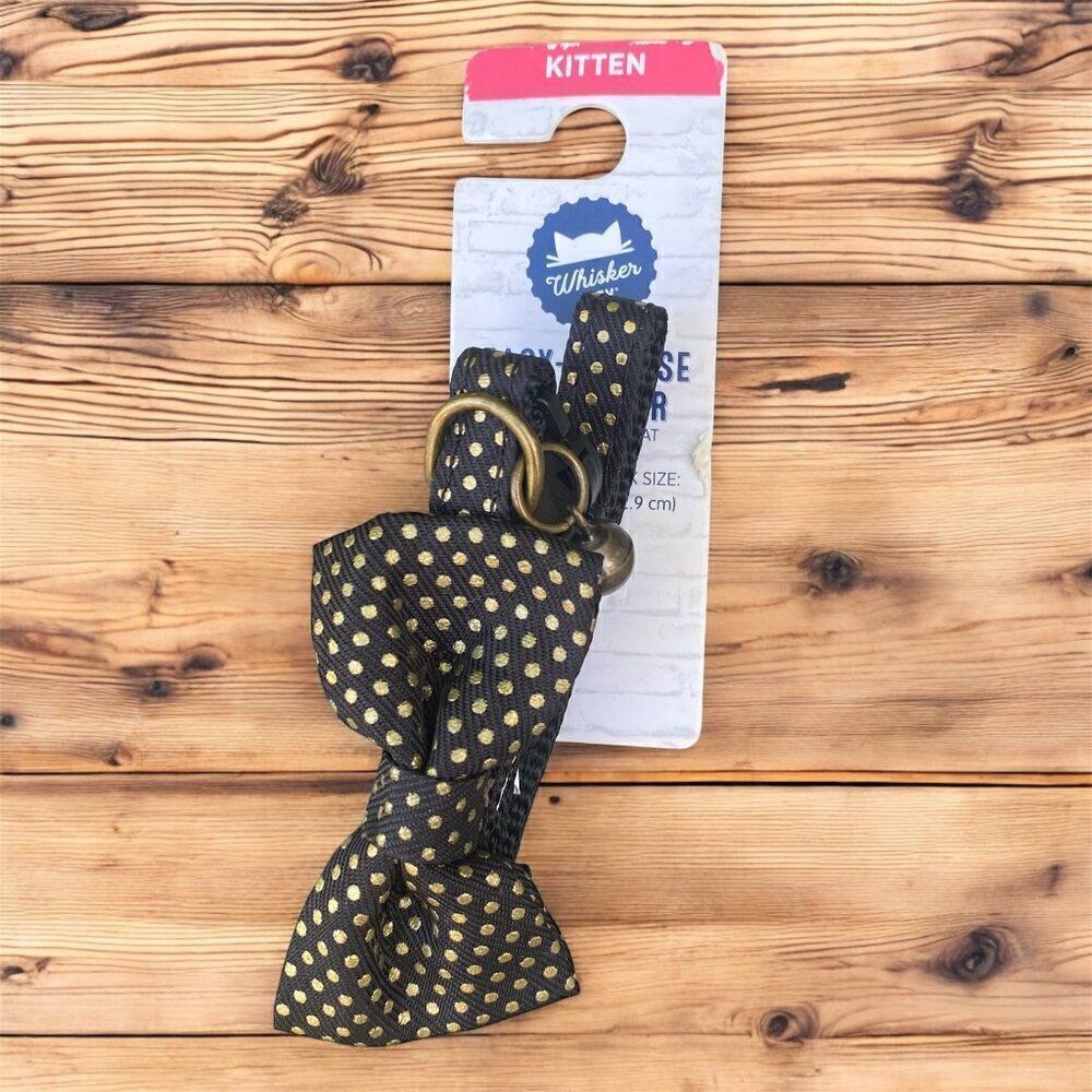 NWT New Whisker City Pet Adjustable Kitten Collar Black/Gold Polka Dots Bow OS